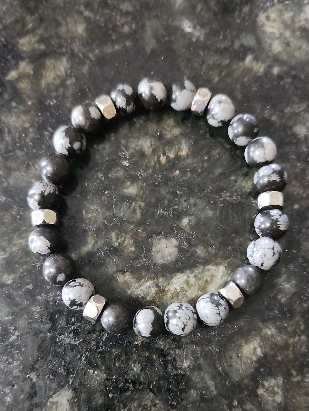Handmade Black and Gray Snowflake Jasper Beaded Bracelet